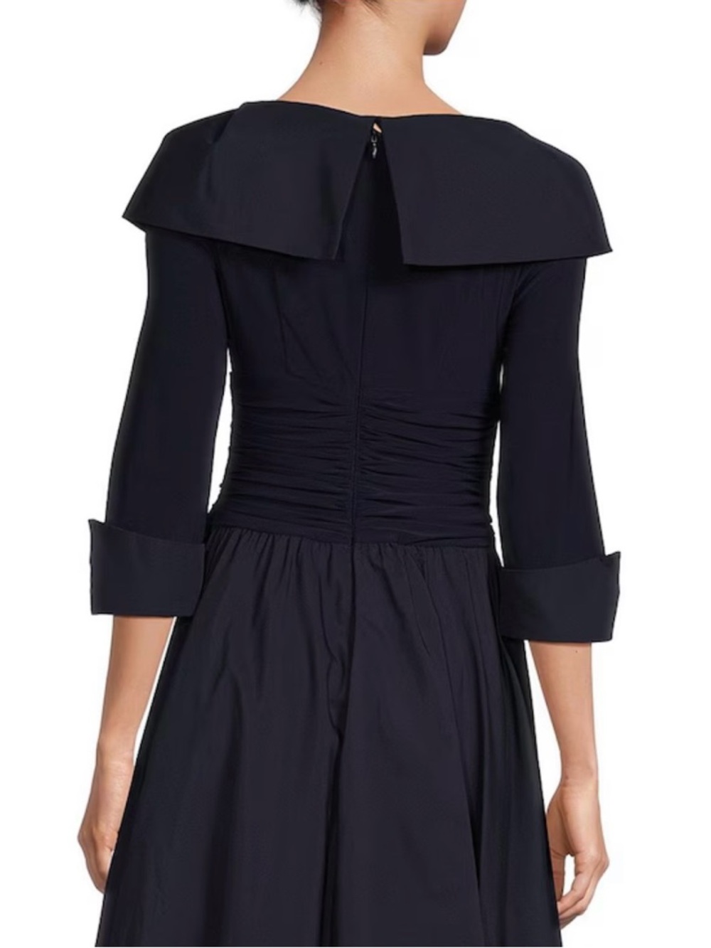 Elegant Navy Off-Shoulder Midi Dress with Folded Collar